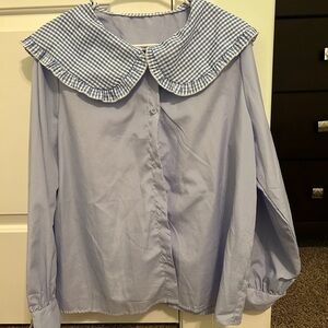 Blue Striped Blouse with Ruffled Collar